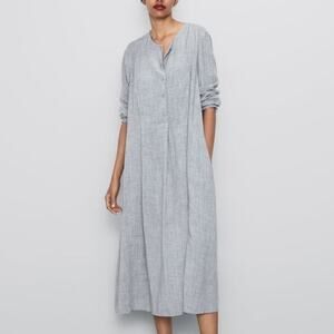 Zara Long Sleeve Midi Dress Buttoned Viscose Marl Grey Size Small Casual